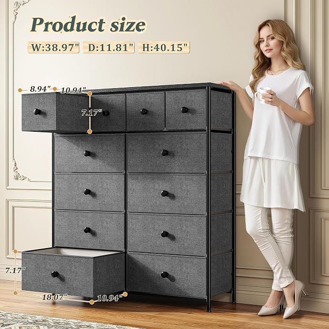 Romorgniz Dresser for Bedroom Tall Dresser with 12 Drawers Fabric Dressers & Chests of Drawers, Bedroom Dresser with Metal Frame, Wood Top, Entryway Living Room Closet, Grey - Image 3
