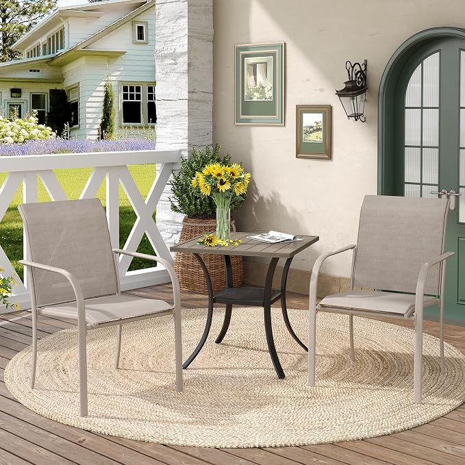 DIFY 3 Pieces Outdoor Patio Dining Set for 2, 2 Sandshell Stackable Dining Chairs and 27.6" Grey Wood-Like Metal Square Dining Table, Outdoor Table and Chairs for Lawn Garden Deck by DIFY