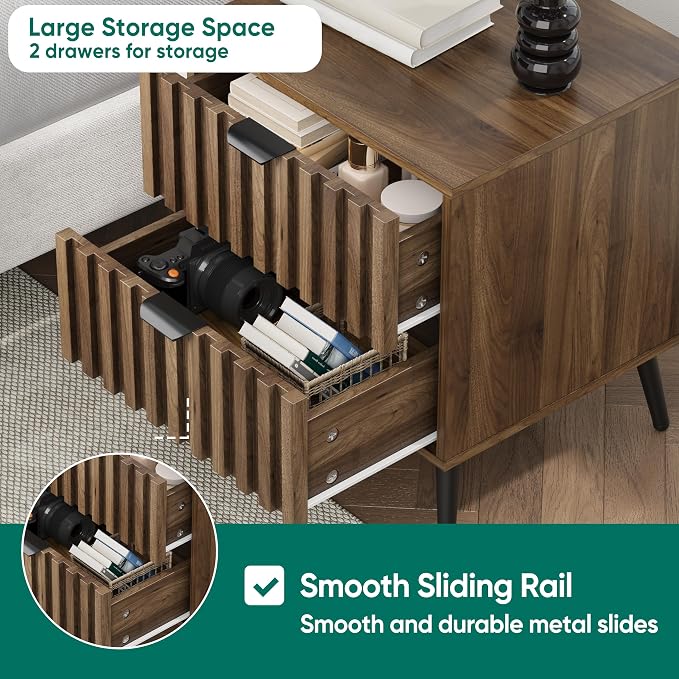 Smuxee Walnut Wooden Night Stand Set of 2, Mid Century Nightstand with 2 Fluted Drawers, Bedside Table with Open Shelf, Modern End Side Table for Bedroom - Image 5