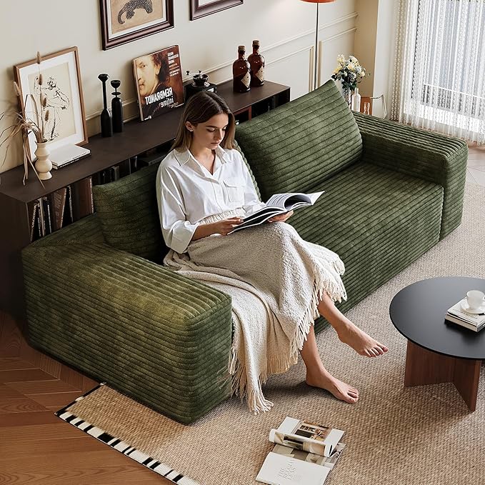 JINGLING 63" Small Couches for Small Spaces, Comfy Boneless Couch in a Box, Love Seat Compressed Sofa for Living Room Bedroom, Apartment Furniture, No Assembly, Corduroy, Green