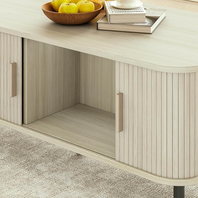 ONBRILL Coffee Table with Storage, 47.2" Mid Century Modern Coffee Tables for Living Room, Rectangle Wood Center Table with Sliding Tambour Door & Adjustable Leg for Living Room, Natural White