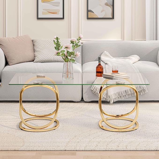 47" Rectangle Coffee Table with Tempered Glass Tabletop, Modern Gold Ring Base, Luxury Living Room Center Table