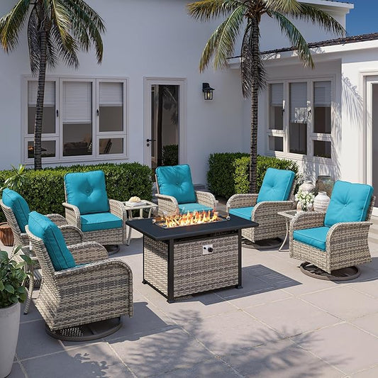 10Pcs Patio Rocking Swivel Chair with 55,000 BTU Fire Pit Table Outdoor Wicker Rattan Bistro Set with Tempered Glass Side Table, Outdoor Patio Furniture Set for Garden and Balcony, Turquoise