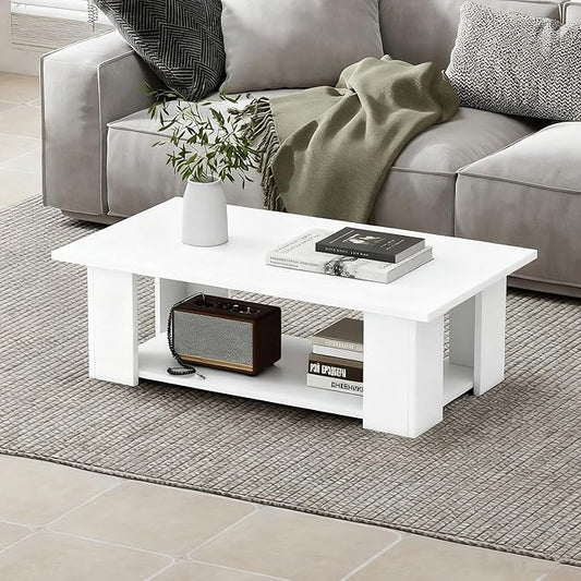 Giantex Rectangle Wood Center Table, 41" L 2-Tier Small Modern Tea Table w/Open Compartment, Easy Assembly, Accent Coffee Table for Living Room, Reception Room, White