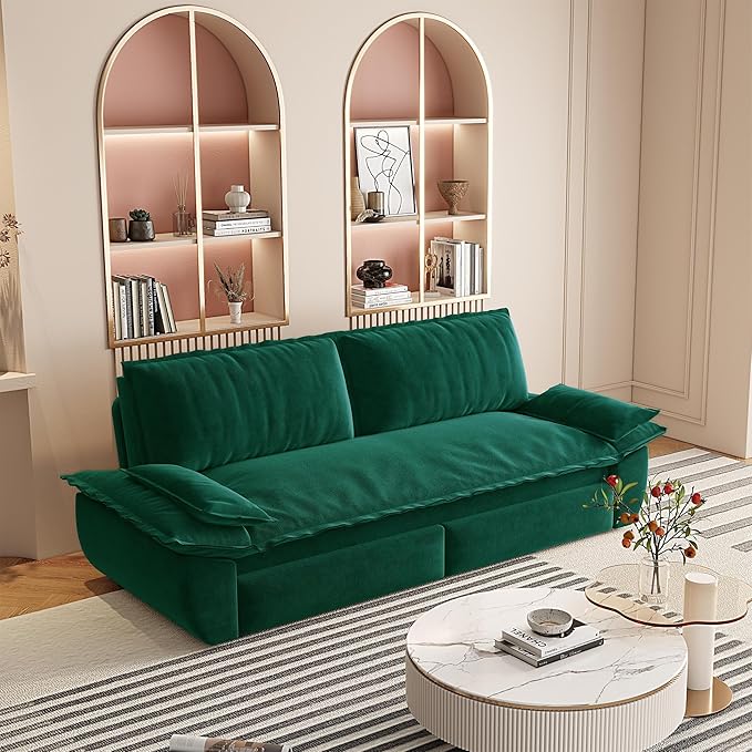 73.2" Queen Size Pull Out Sofa Bed, 3-in-1 Convertible Sleeper, Velvet Loveseat for Living Room, Apartment, Bedroom Small Spaces, Green (Mattress & Bedding Not Included)