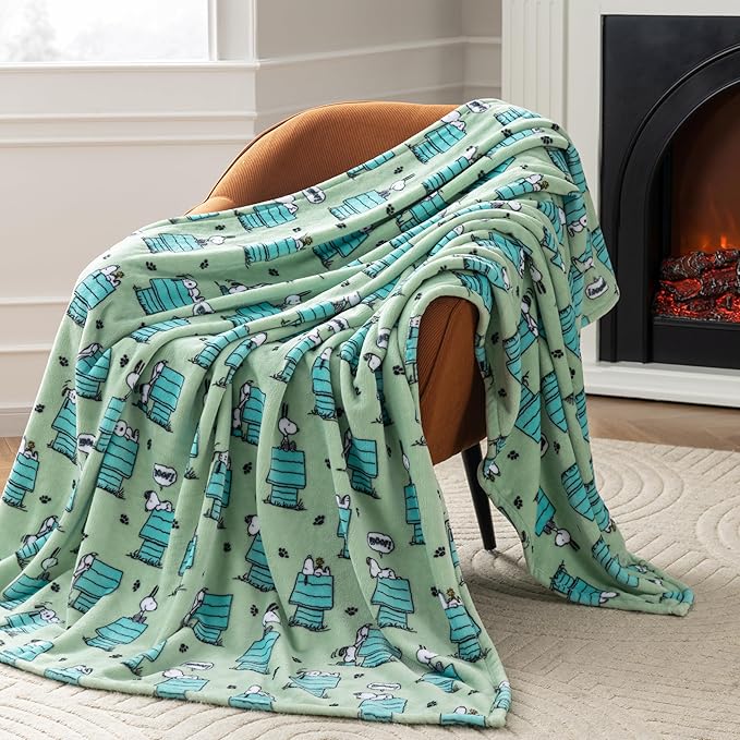 Berkshire Peanuts® VelvetLoft® Cute Character Snoopy Plush Throw Blanket,Regular Snoopy Dog House Poses & Paws Closed in Sage,Throw 55 in x 70 in (Official Peanuts® Product)