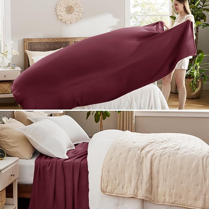 Bedsure GentleSoft 100% Cotton Blanket Queen Size for Bed - Breathable and Lightweight, Soft Cozy Textured Herringbone Woven Blanket for Summer, Red, 90x90 inches