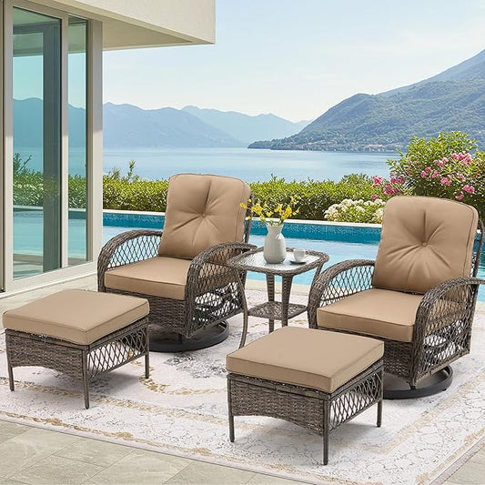 EROMMY 5 Pieces Outdoor Swivel Rocker Patio Chairs, 360 Degree Rocking Patio Conversation Set with Thickened Cushions, Glass Coffee Table and Ottomans for Backyard, Khaki