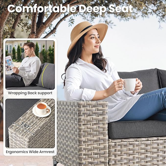 ovios 8-Piece Patio Furniture Set with L-Shape Sofa Chaise, Outdoor Sectional Couch Swivel Gliders Fire Pit Table, Modern Modular Wicker Rattan Conversation Set, Black