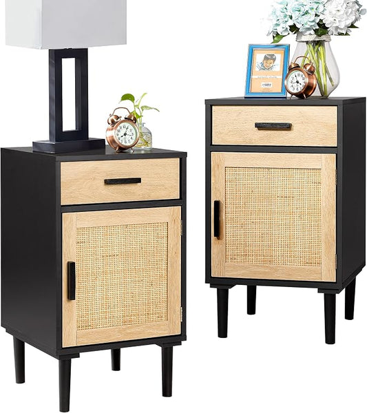Finnhomy Tall Nightstands Set of 2, Night Stand, Bedside Table Set of 2 with Drawer and Shelf, Hand Made Rattan Decorated Doors, Nightstands with Storage for Bedroom, Black, 2 Pack by Finnhomy