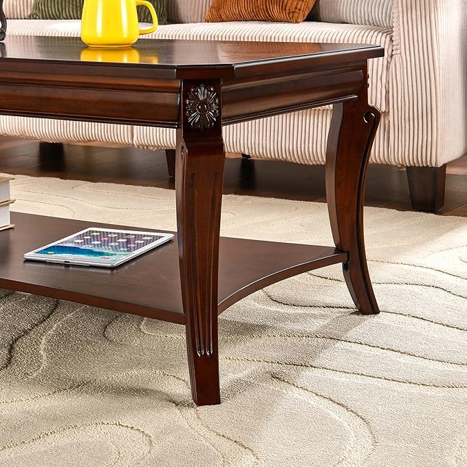 PADMA HOUSE Traditional Wood Coffee Table with Storage Shelf, Rectangle Solid Wood Tea Table with Curved Legs, 2-Tier Wooden Center Tables in Cherry for Living Room,47.2 * 23.6 * 17.9in