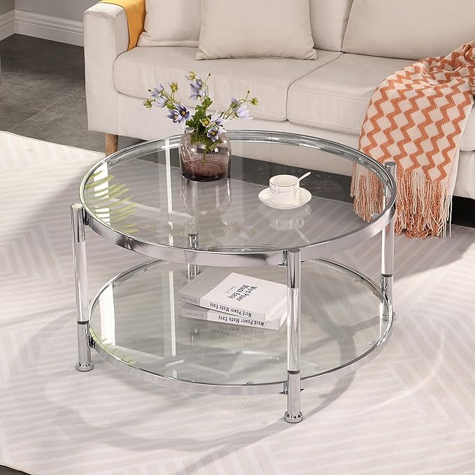 32" Tempered Glass Round Coffee Table Modern Chrome Frame Acrylic Legs Circle Living Room Center Tables