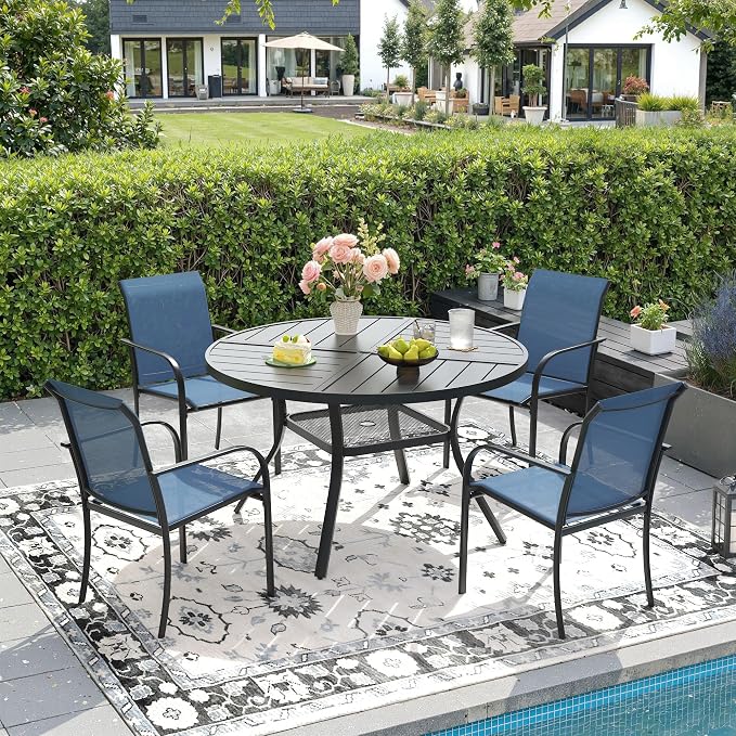 DIFY 5 Pieces Outdoor Patio Dining Set for 4, 40.6" Black Round Metal Dining Table and 4 Blue Stackable Sling Dining Chairs, Outdoor Table and Chairs for Lawn Garden Backyard Deck by DIFY