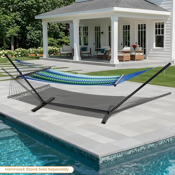 Lazy Daze Hammocks 10.5 FT Double 2 Person Caribbean Rope Hammock, Hand Woven Polyester Hammock with Spreader Bars, for Outside Outdoor Backyard Patio Poolside, 450 LBS Capacity, Blue/Green - Image 9