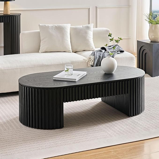 Oval Coffee Table, 51.18" Wood Coffee Table with Drawer, Fluted Design, for Living Room, Small Spaces, No Assembly Required (Black)