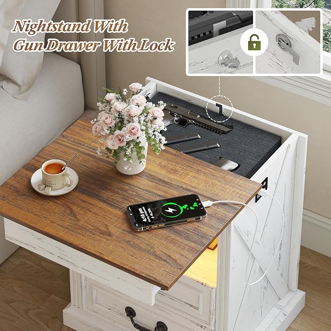 Dystler Night Stand with Gun Drawer, Bedside Table with LED Light & Human Sensor, Nightstand Gun Safe with 2 Drawers for Bedroom, Farmhouse End Table with Charger Station, Antique White - Image 4