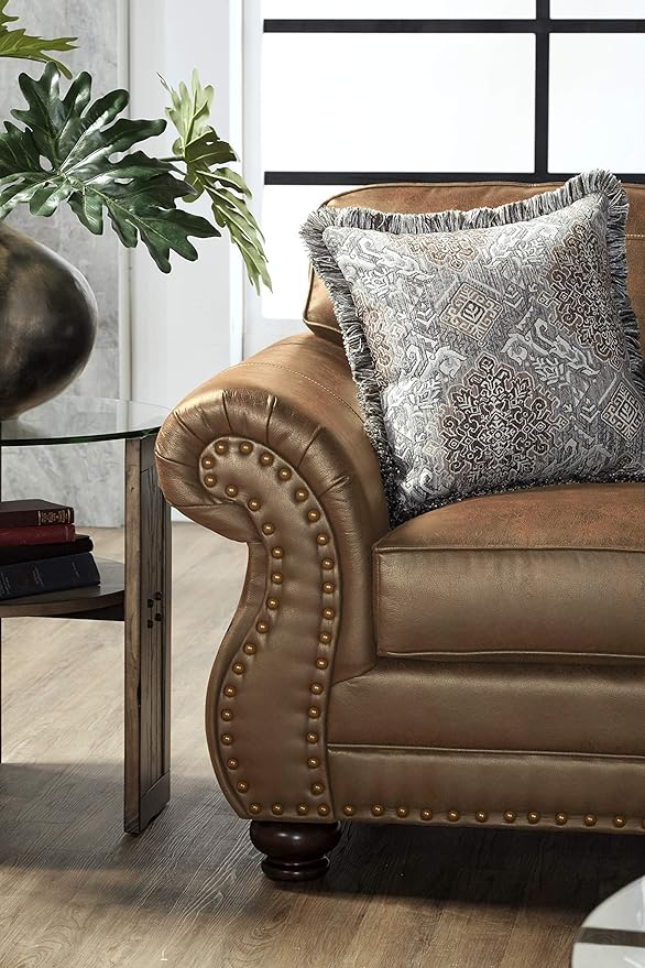 Leinster Faux Leather Sofa and Loveseat with Antique Bronze Nailheads in Jetson Ginger