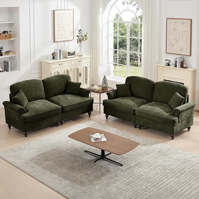 KEIKI Mid Century Modular Sofa with Flared Arms and Skirted Design, 76" Loveseat Chenille Sectional Couches Set for Living Room, Comfortable Apartment Size Home Sofa Bedroom Furniture, Green