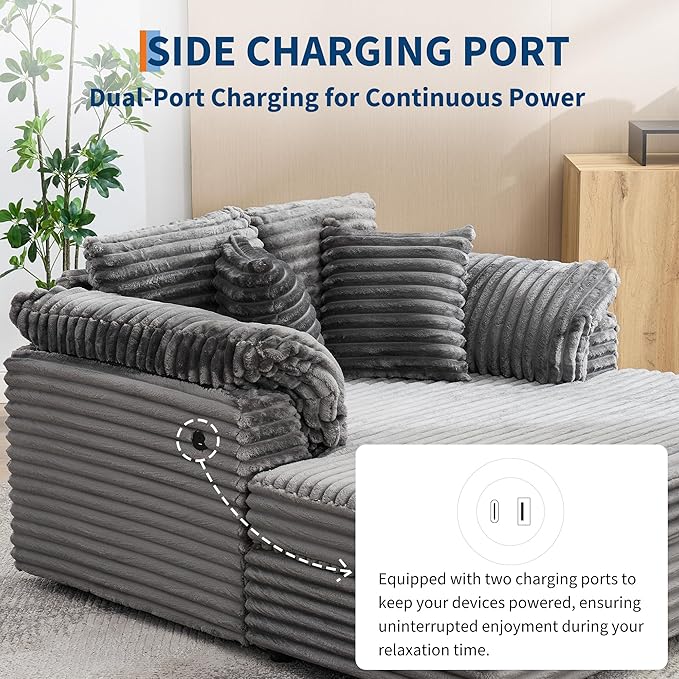 Oversized Chaise Lounge Chair59 * 54 Inch Indoor Comfy Corduroy Cloud Sleeper Couch Upholstered Sofa Bed with USB Port Throw Pillows Supportive Armrests for Living Room
