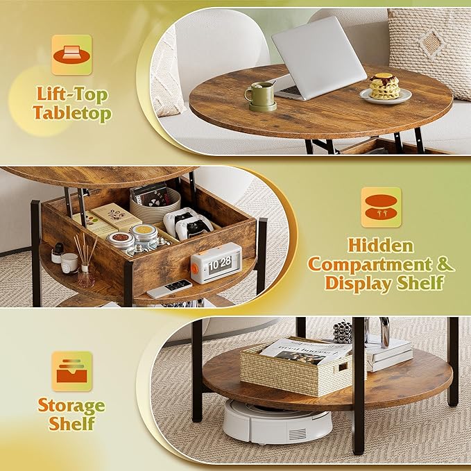WLIVE Round Lift Top Coffee Table with Storage Shelf and Hidden Compartment, Farmhouse Small Coffee Table with 2 Tier for Living Room and Home Office, Rustic Brown