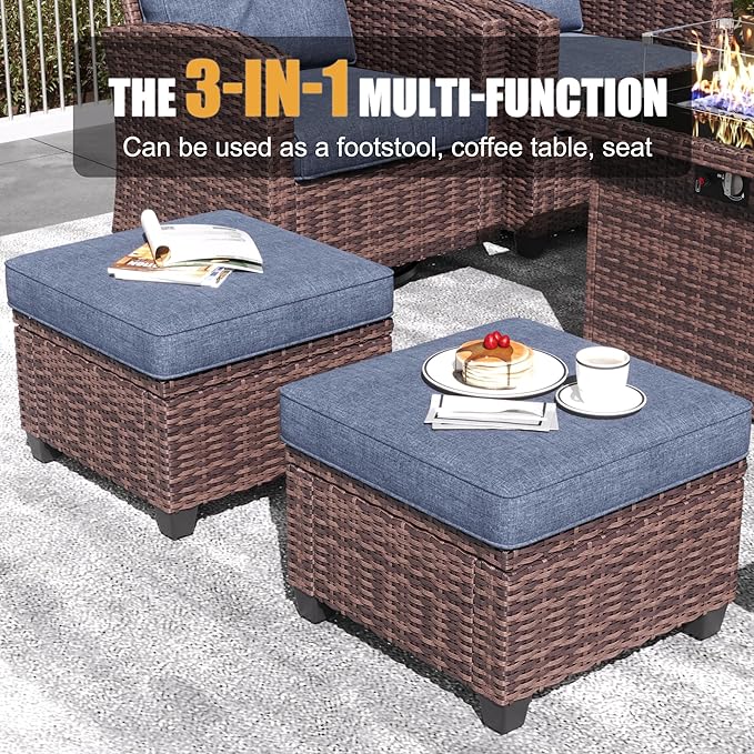 LayinSun 7 Pieces Patio Furniture Set with Swivel Chairs, Rattan Wicker Rocking Glide Chairs with 44" Propane Gas Fire Pit Table Conversation Set