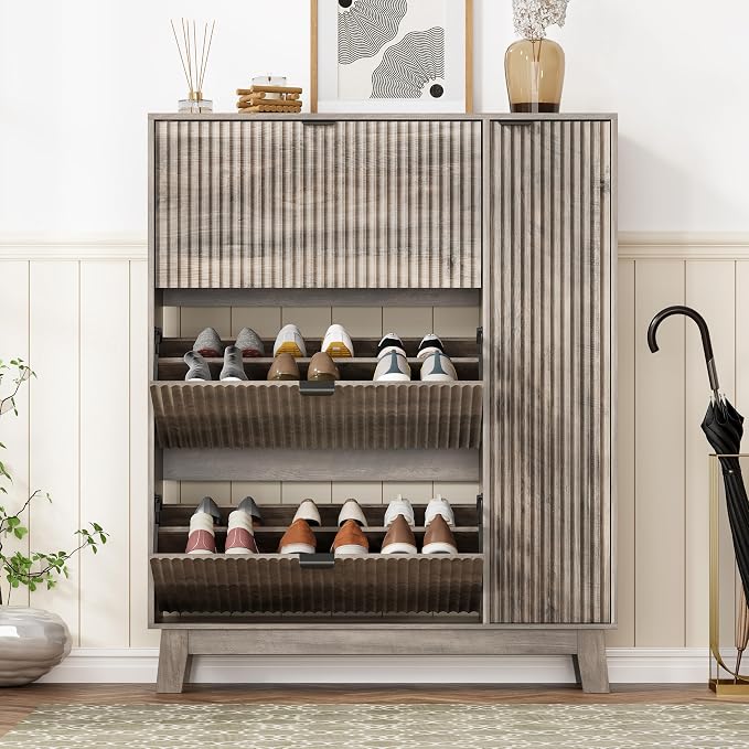 Shoe Cabinet Storage for Entryway with 3 Flip Drawers & Side Cabinet, Fluted Narrow Shoe Organizer with Wooden Leg, Freestanding Shoe Storage Hidden Shoe Rack Organizer for Front Door Entrance, Grey - Image 3