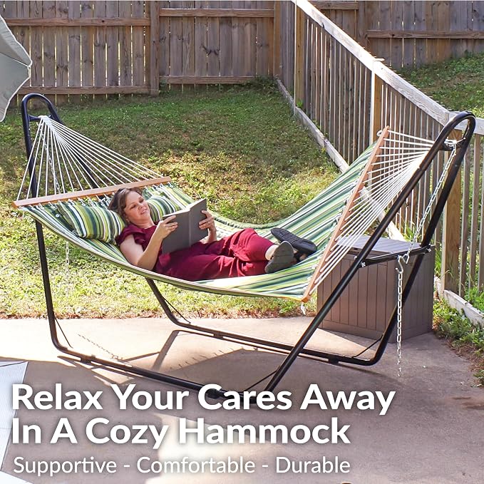 Sunnydaze Quilted Double Hammock for Outside with Spreader Bars and Pillow - 450 lb Capacity, 74x55 Inch Bed, UV Resistant, Quick Dry - Chains Included, Stand Sold Separately - Melon Stripe - Image 4