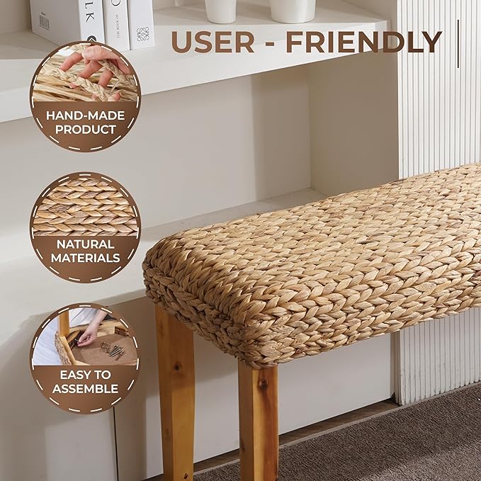 Solid Wood Acacia Indoor Bench with Natural Woven Seat, 47 Inch Wood Bench for Living Room or Entryway Benc, Bedroom End of Bed Bench or Dining Benches, Window Bench (Fishbone, Water Hyacinth) - Image 4
