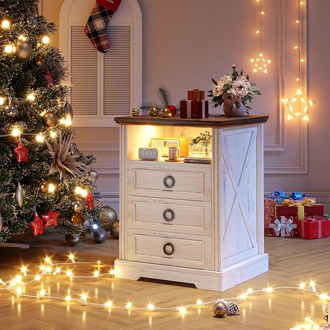 Nightstand with Charging Station,Farmhouse End Side Table with 3 Drawers and Open Storage,Smart Bedside Table with LED Light & Human Sensor for Bedroom,White by TAGELIER
