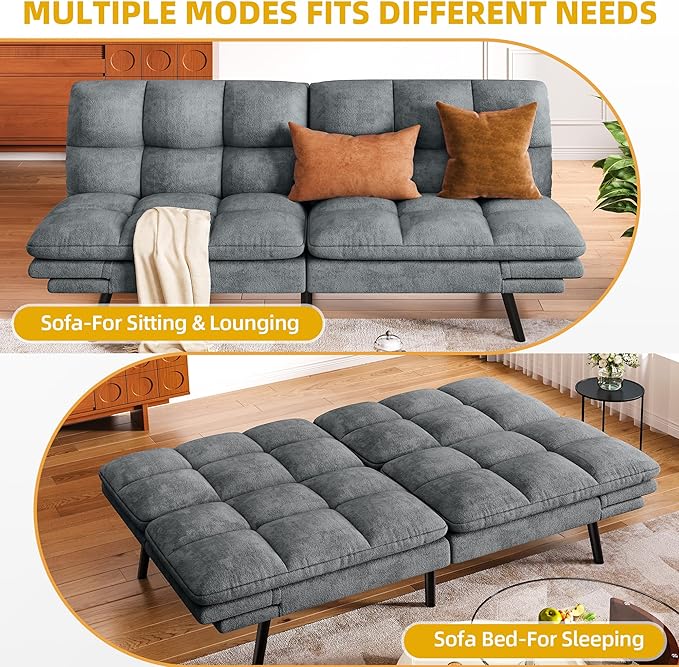 DWVO 70" Convertible Futon Sofa Bed, Folding Futon Set for Living Room Home Office Aprtment, Modern Futon Couch with Adjustable Backrest & Armrests, Recliner Lounge, Loveseat Sofa