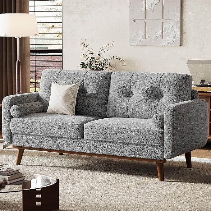 Garvee 65 in Mid Century Modern Loveseat Sofa for Small Spaces, 2 Seater Boucle Upholstered Couch with Button Tufted Design & Wood Legs, Small Couch for Living Room, Bedroom, Office, Apartment, Grey
