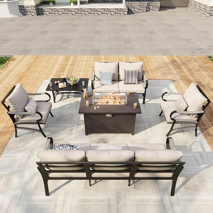 6 Pieces Outdoor Patio Conversation Sets, Outdoor Furniture Set Metal 3-Seater 2 Single Chairs 1 Loveseat with Coffee Table and Fire Pit Table for Backyard Deck Porch Poolside, Beige