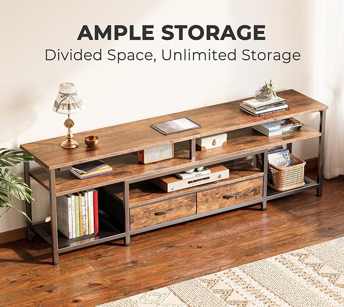 Huuger 63 Inch LED TV Stand for 65 70 Inch TV, Entertainment Center with Open Shelves and Power Outlets, TV Console for Living Room, Media Console with Drawers, Rustic Brown, 8779FC - Image 4
