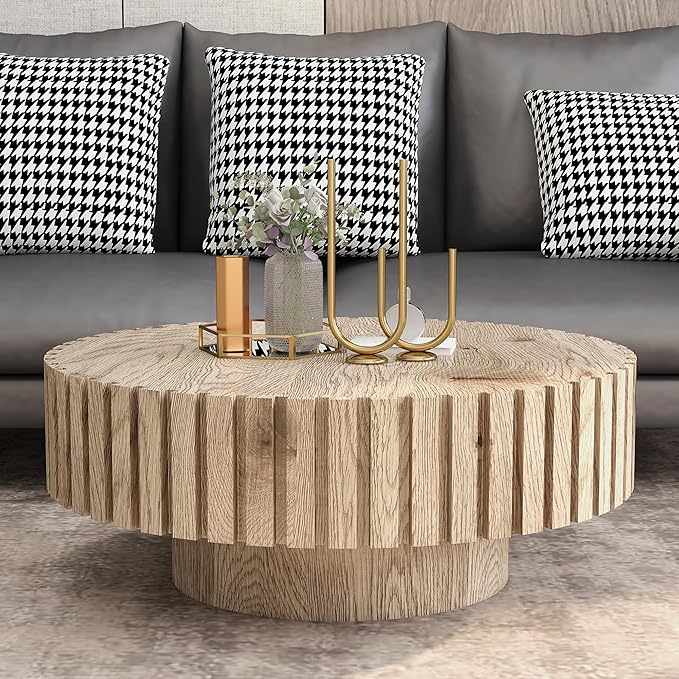 Round Wood Coffee Table for Living Room Modern Rustic Fluted Solid Wood Coffee Table Pedestal Center Table Circle Tea Tables for Apartment Easy Assembly(31.5''Oak Natural)