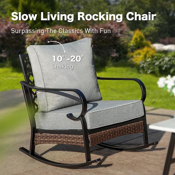 5 Piece Metal Outdoor Patio Furniture Set, Patio Conversation Sets 3-Seater Sofa, 2-Seater Sofa, 2 Rocking Sofa with 5.75" Thick Cushion & Coffee Table Black Backyard Furniture, Gray