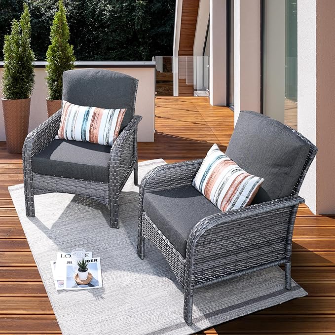 ovios 2-Piece Patio Furniture Set, Outdoor Wicker Sofa with Chairs, High Back Rattan Chair with Comfy Cushions for Porch Yard Deck, Black