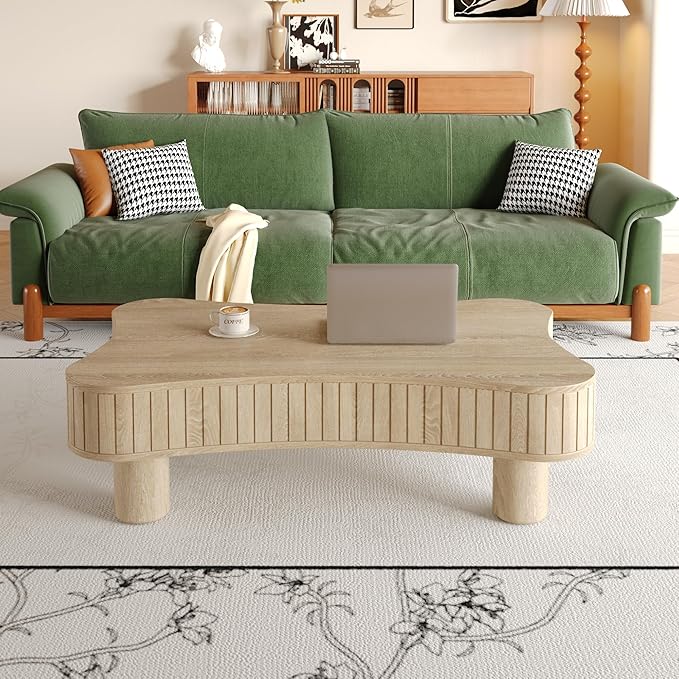 42.52'' Cloud Coffee Table with Lifting Top for Living Room Irregular Coffee Table with Storage Modern Low Cute Wooden Fluted Center Tables Pull Up Tables Grey