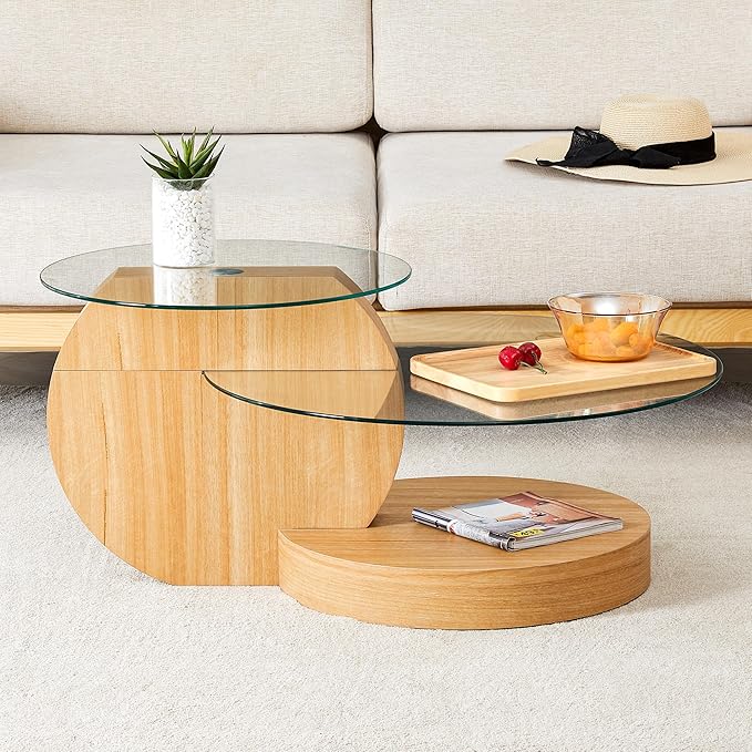 35.4" Glass Coffee Table, Small Round Coffee Table, 2-Tier Tempered Glass Tabletop with Wooden Base, Modern Center Table for Living Room, Home, Apartment, Ideal for Small Space