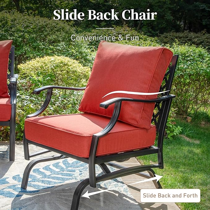 7 Piece Metal Outdoor Patio Furniture Sets, Patio Conversation Sets 1 3-Seater Sofa, 2 Fixed Chair, 2 Rocking Chair, 2 Ottomans with 5.75" Thick Cushion, Black Backyard Furniture, Red
