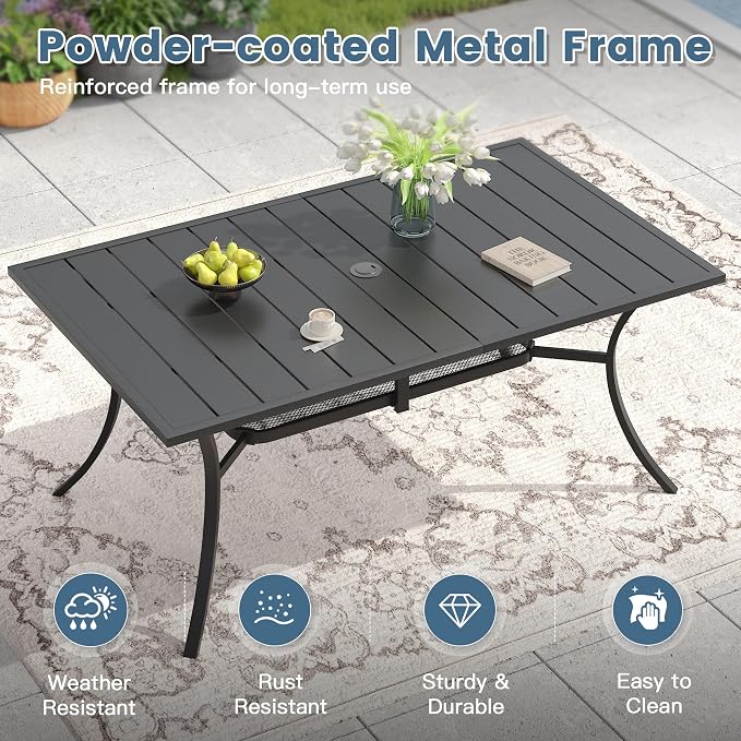 DIFY 7 Pieces Outdoor Patio Dining Set for 6, 59.2" Black Rectangle Metal Dining Table and 6 Brown Stackable Textilene Patio Chairs, Outdoor Table and Chairs for Backyard Garden Poolside - Image 3