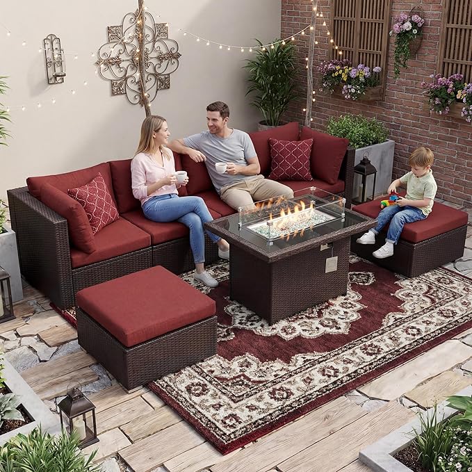 BULEXYARD 7 Pcs High Back Patio Furniture Set with Fire Pit Table Propane/Natural Gas Dual Fuel, Heavy Duty Outdoor Sectional Couch, Big Cozy Backyard Seating for Exterior, Brown Wicker & Red Cushion