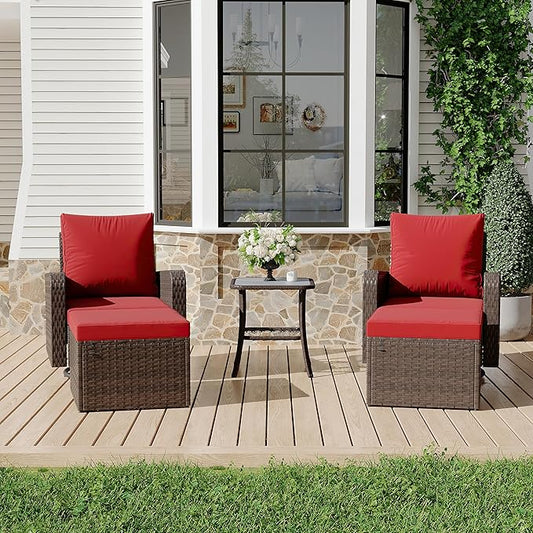 HOMREST 5 Piece Outdoor Patio Furniture Set-360 Wicker Swivel Chairs Set of 2 w/ 2 Ottoman, Coffee Table & Cushions Patio Bistro Set for Garden, Balcony (Wine Red)