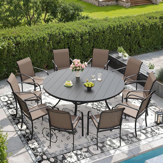 DIFY 11 Pieces Outdoor Patio Dining Set for 10, 60" Black Round Metal Dining Table and 10 Brown Stackable Sling Dining Chairs, Outdoor Table and Chairs for Lawn Garden Backyard Deck by DIFY