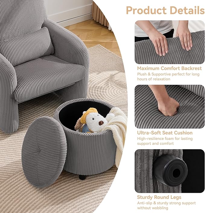 WUTUTUEE Corduroy Accent Chair with Storage Ottoman, Upholstered Armchair with Lumbar Pillow, Flip-Top Ottoman Converts to Coffee Table, Modern Sofa Chair for Living Room, Bedroom, Office, Grey