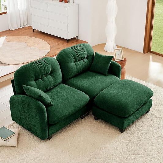 KEIKI 74" L-Shaped Oversized Chenille Modular Sectional Loveseat Sofa with 1 Ottoman, High-Density Foam Cushions, Tufted Pleated Cushion Backrest, 2-Seater Couch with 2 Pillow, for Living Room, Green