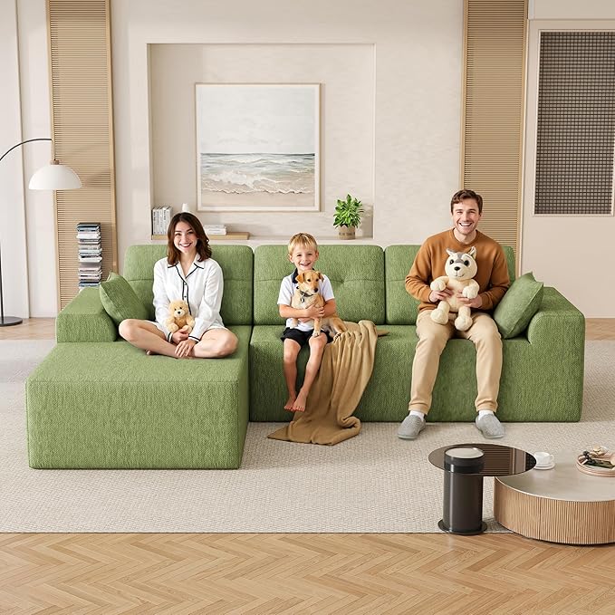 Ball & Cast 106" Modular Sectional Sofa,Cloud Chenille Couch with Deep Seat,Boneless L-Shaped Sectional,Modern Comfort Upholstered Sofa for Living Room,No Assembly Required (Green, Left Facing Chaise)