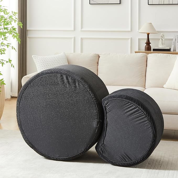 kevinplus 49.7'' Foam Round Nesting Coffee Table Set of 2, Modern Upholstered Side End Table Ottoman Footrest, No Assembly, Black