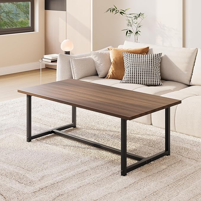 35.4" Rectangular Coffee Table for Living Room, Modern Industrial Style Coffee Table Center Table with Metal Frame for Small Space, Apartment, Office, Easy Assembly, Walnut