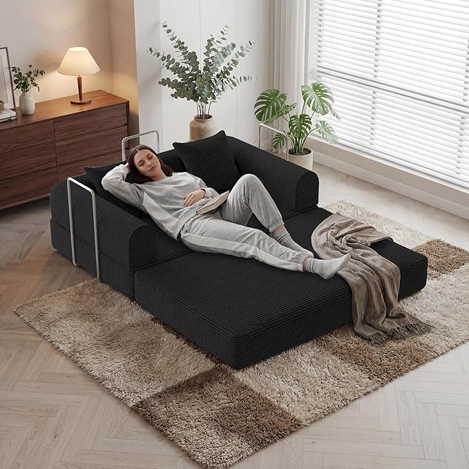 HouseMila 59" Boneless Couch,4-in-1 Futon Sofa Bed Modular Loveseat Sleeper Folding Compressed Couch with Pillows,No Assembly Required Convertible Sofa Bed for Living Room Bedroom Guest Room,Black