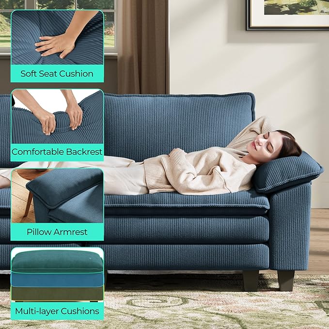 LINSY HOME 157'' Modular Sectional Sofa Blue Couch Corduroy Cloud Couches for Living Room, U Shaped Couch with Movable Ottoman, Modern Cloud Sectional Sofas for Bedroom and Apartment, Blue